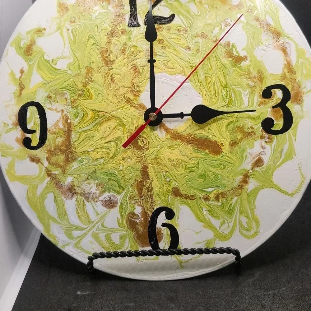 Hand Crafted Abstract Hanging Wall Clock Analog  Vinyl Record Fluid Art Decor